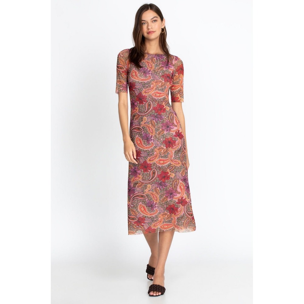 Johnny Was Haley Mesh midi dress  Womens Medium Pink Orange Paisley Floral Mesh
